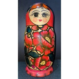 Vintage 1 Piece Wooden Russian Nesting Doll Hand Floral Painted Christmas 1995